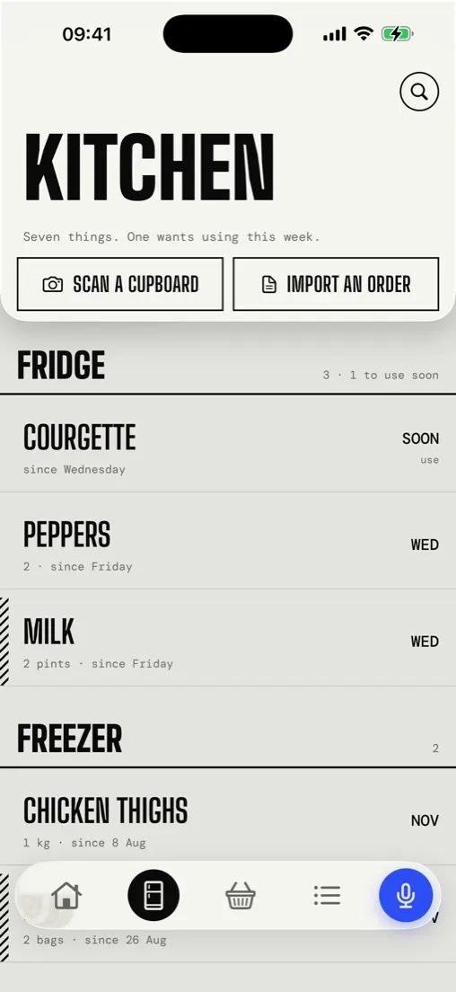 The kitchen, fridge and freezer as sections with a use-by in the right column